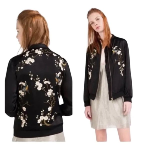 Satin Zara Embroidered Bomber Jacket with Birds - Picture 7 of 7